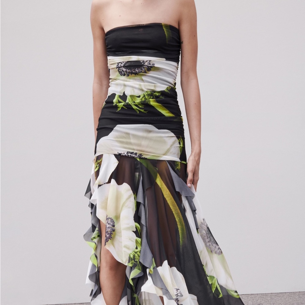 ESTRAPLESS PRINTED TULLE DRESS